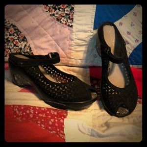 Black Jambu Wedge Peep Toe Sandals.